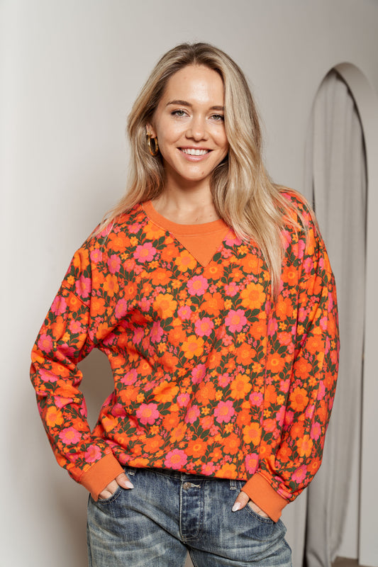 DIGITAL FLORAL PRINT SWEAT - PINK/ACID ORANGE