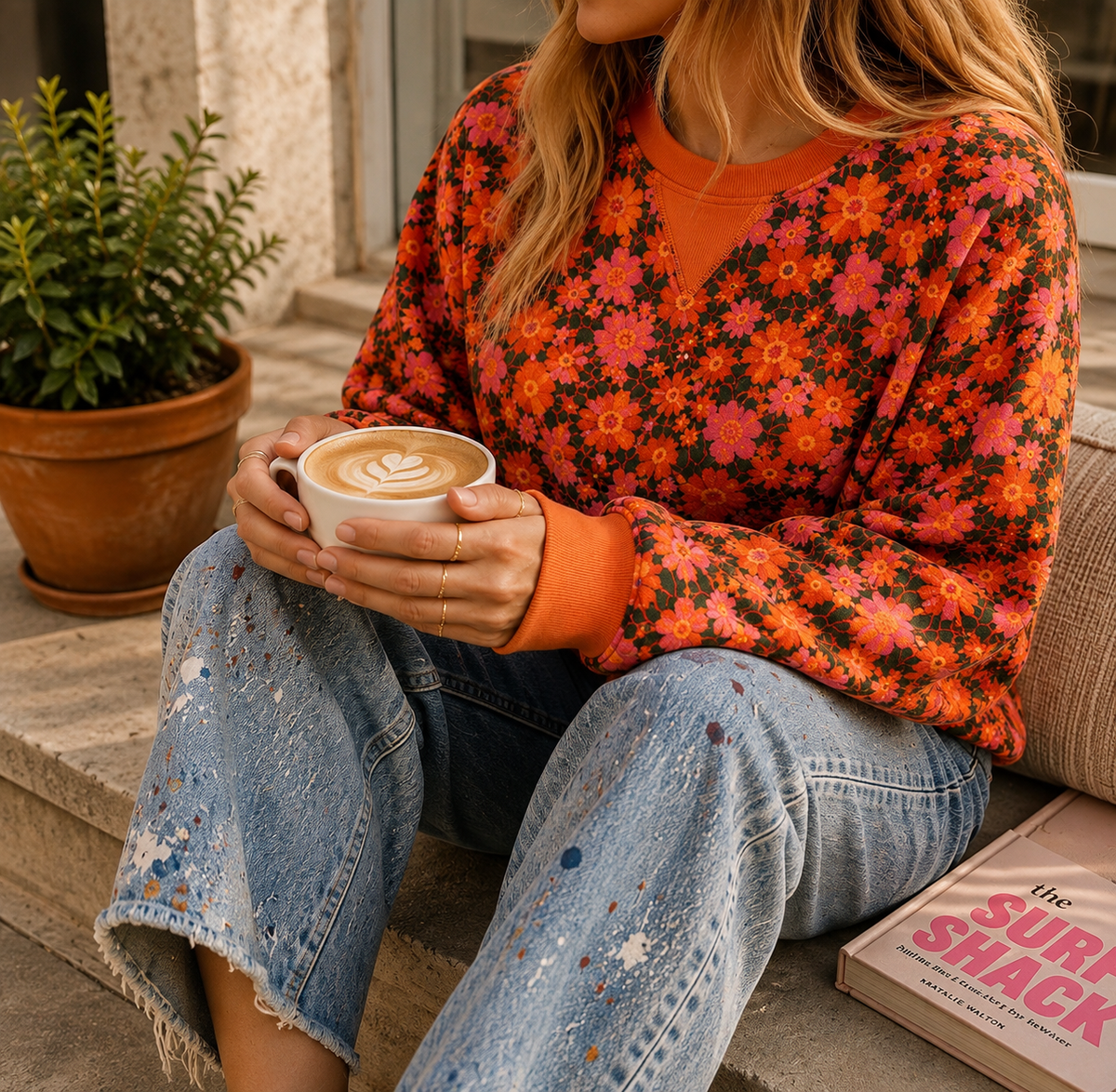DIGITAL FLORAL PRINT SWEAT - PINK/ACID ORANGE